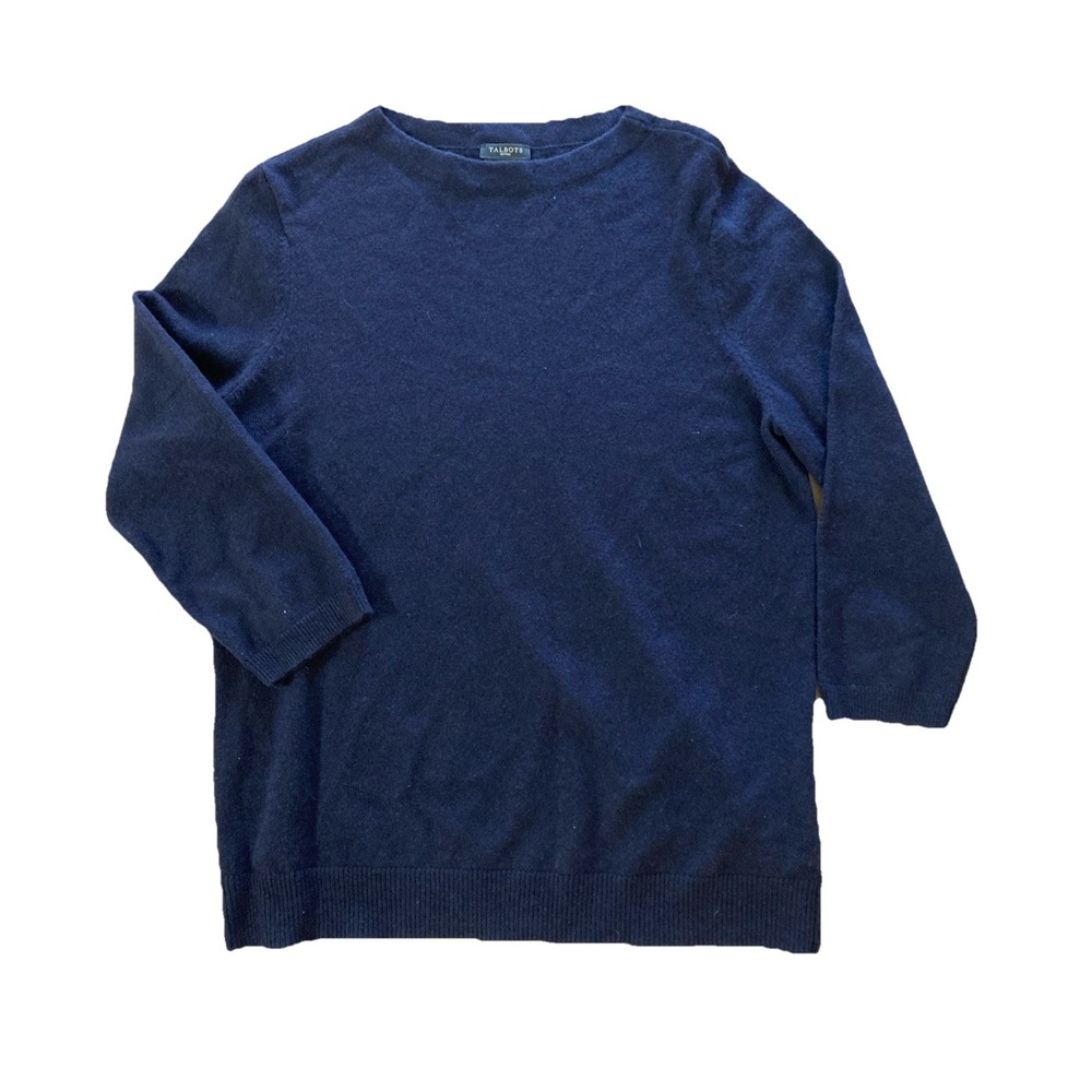 Talbots 100% Cashmere Sweater Women's Sz LP Navy Blue 3/4 Sleeve Soft Luxury